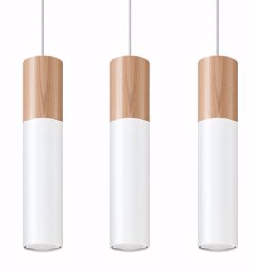 Lampadario tre luci a sospensione per cucina moderna cilindri bianco legno