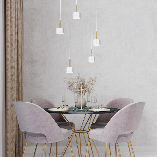 Lampadario per tavolo da pranzo cucina contemporaneo 5 luci bianco oro lucido