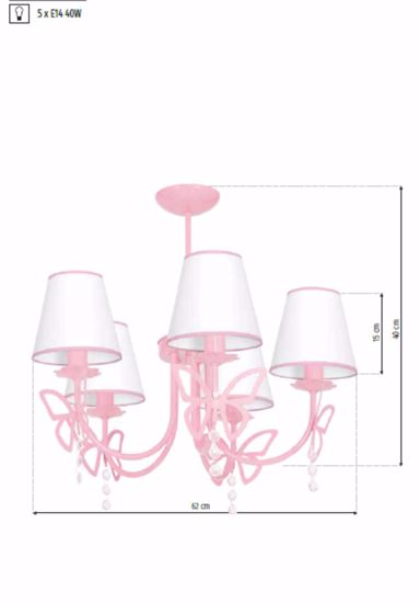 Lampadario cinque luci rosa paralumi bianchi per cameretta bambina con cristalli