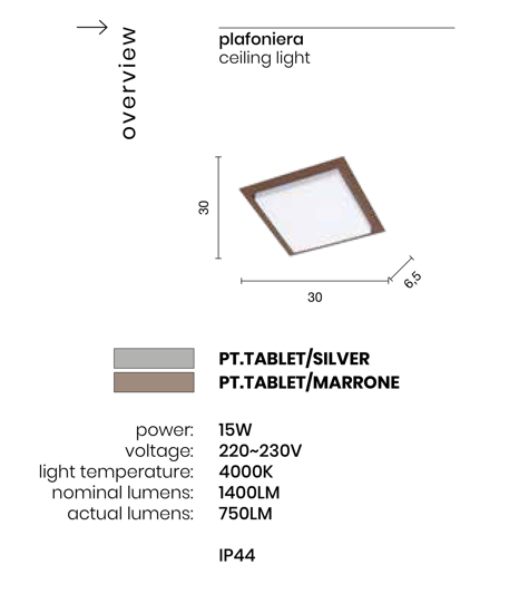Plafoniera da esterno 15w 4000k tablet ondaluce bordo marrone ip44