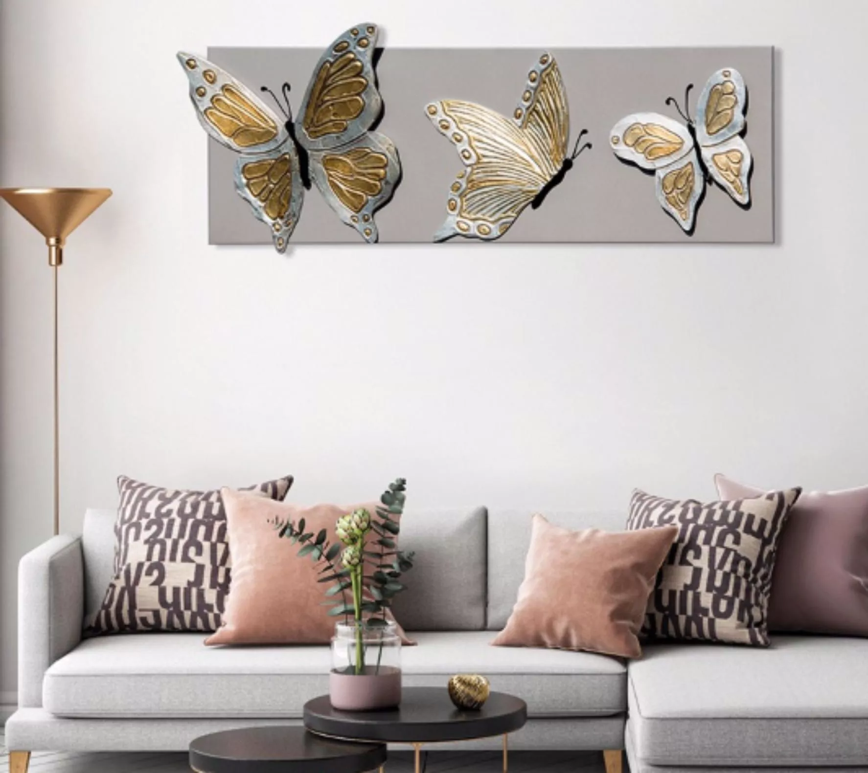 Quadro per soggiorno 157x58 farfalle oro argento su tela tortora - 35FA