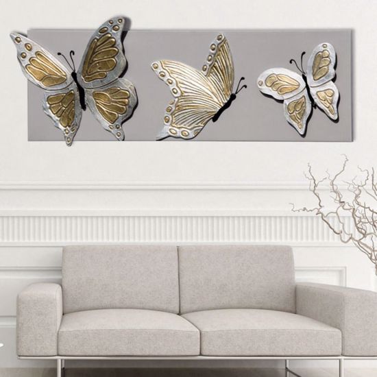 Quadro per soggiorno 157x58 farfalle oro argento su tela tortora