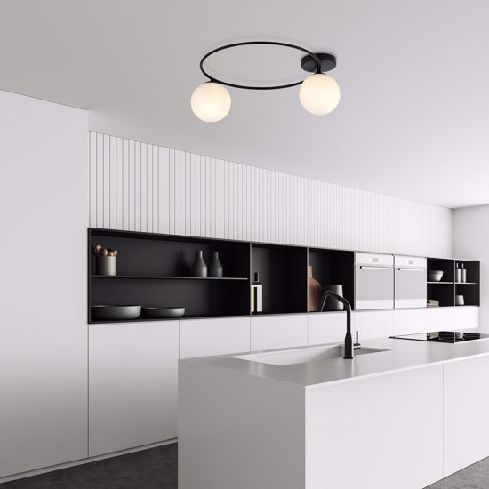 Plafoniera due luci moderna nera sfere vetro bianco per piccola cucina