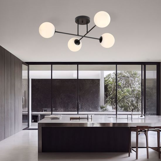 Plafoniera per cucina moderna nera sfere vetro bianco 4 luci