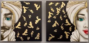 Set quadri, Teste di Moro Kalsa. Decorazioni Barocco su sfondo oro. Fi –