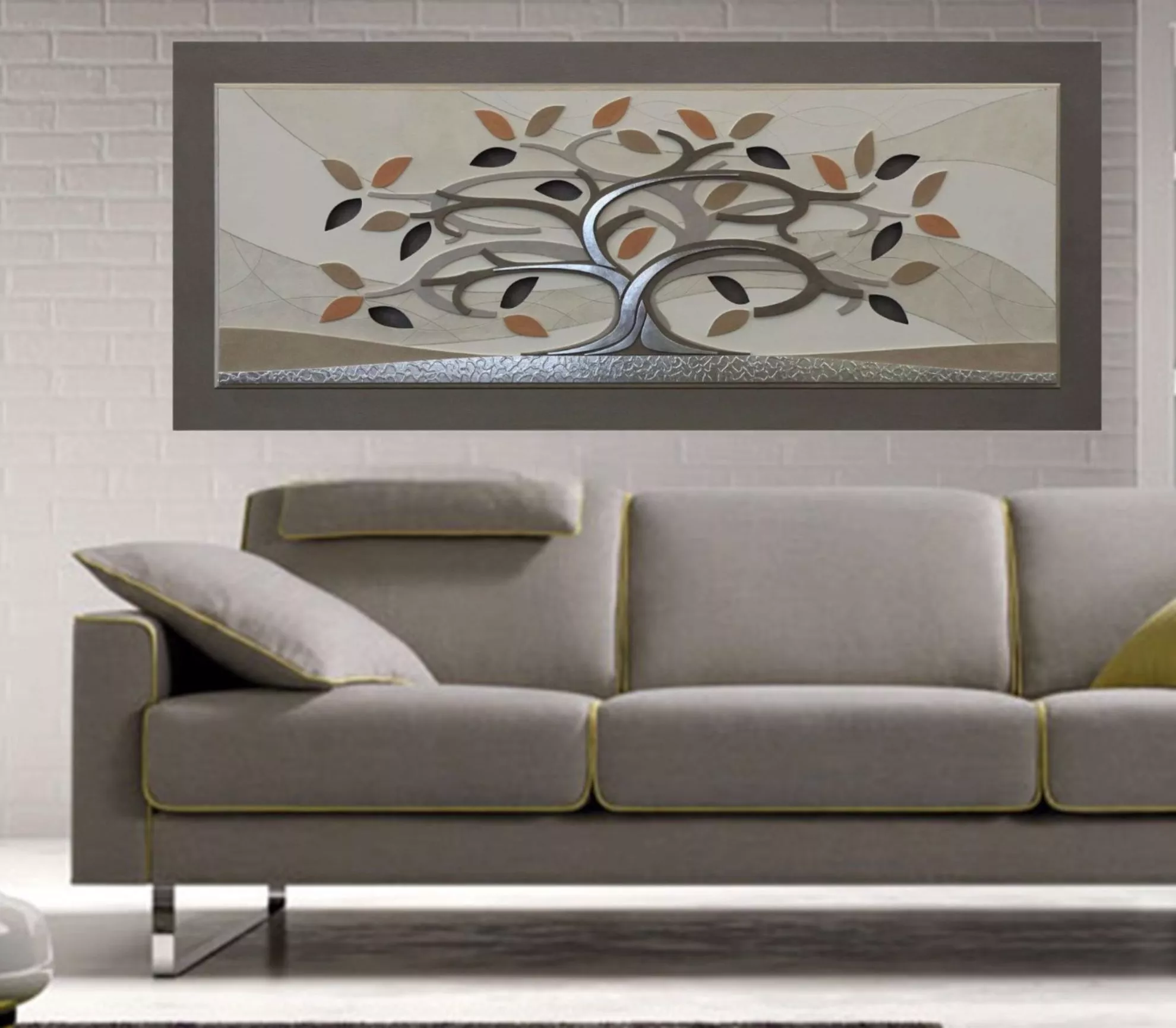 Quadro albero della vita artigianale 155x65 tortora argento per soggiorno -  65E7