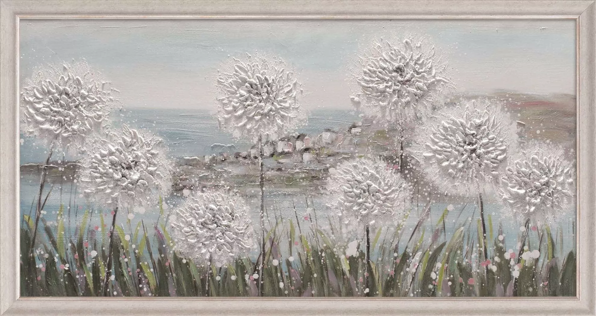 Quadro moderno dipinto 68x128 campo fiorito cornice legno - 5F04
