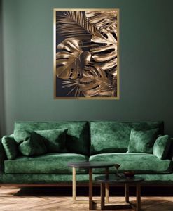 Quadro verticale foglie kenzia monstera bronzo cornice oro 53x73 promozione ultimo pezzo
