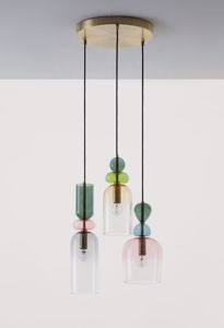 Lampada a sospensione 3 luci design moderno metallo oro vetri multicolor per soggiorno