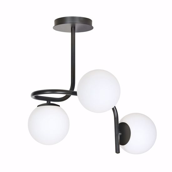 Plafoniera moderna nera sfere vetro bianco tre luci per soggiorno