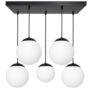 Lampadario nero per tavolo cucina moderna 5 luci sfere vetro bianco