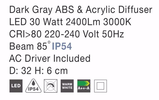 Plafoniera esterno luminosa ip54 grigio antracite led 30w 3000k