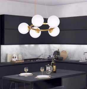 Lampadario per cucina moderna struttura oro sfere vetro bianco