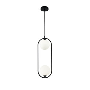 Lampadario lampada pendente per comodino nero sfere vetro bianco 2 luci