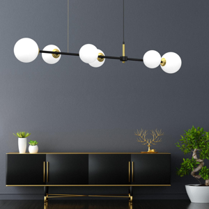Lampadario moderno 6 sfere vetro bianco per soggiorno nero oro