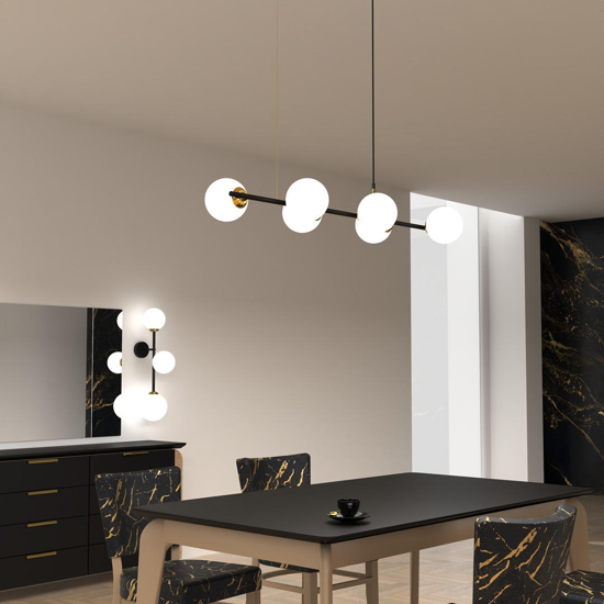 Lampadario moderno 6 sfere vetro bianco per soggiorno nero oro