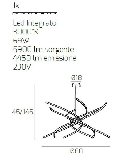 Tornado top light lampadario moderno led 69w 3000k nero per soggiorno