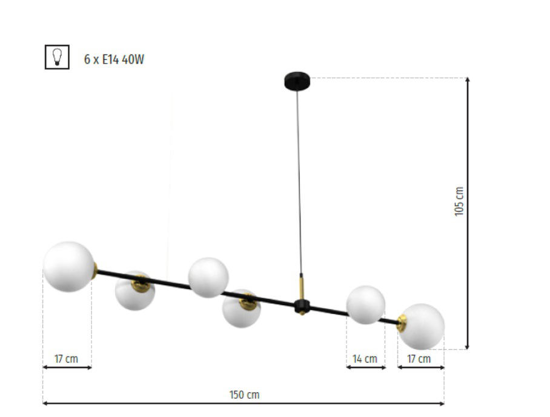 Lampadario orizzontale nero oro per soggiorno sfere vetro bianco