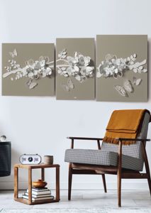 Tre quadri moderni orchidea pannelli metallo sabbia bianco per soggiorno