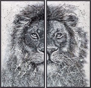 Coppia di quadri verticali 80x60 cad uno leone dipinto decorato cornice nera