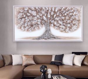 Quadro quercia dipinta a mano 137x70 decoro a rilievo cornice legno bianca