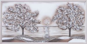 Quadro per soggiorno moderno dipinto alberi liberi cornice bianca 137x70