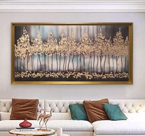 Quadro paesaggio astratto per soggiorno dipinto a mano cornice oro 137x70