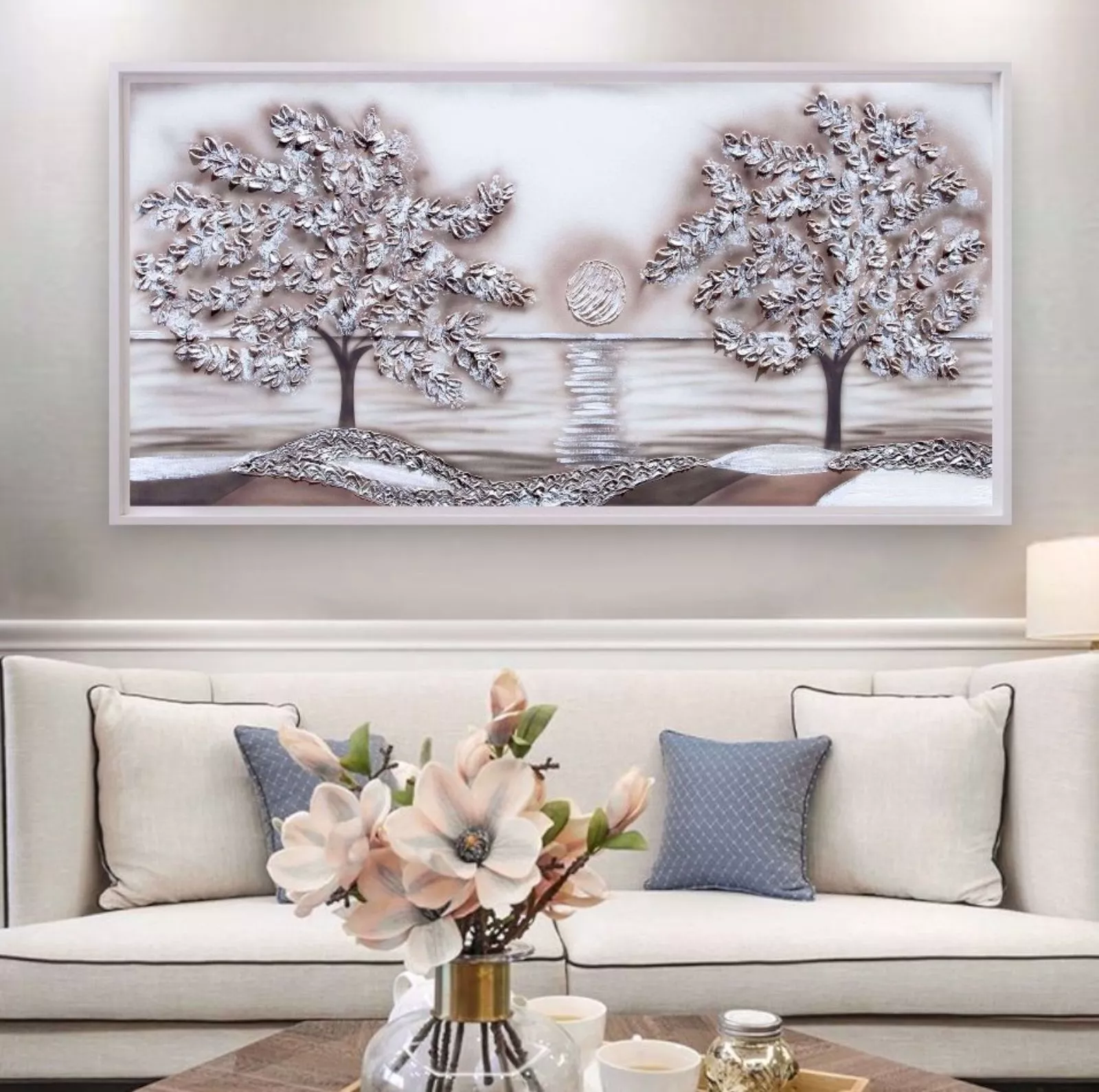 Quadro per soggiorno moderno dipinto alberi liberi cornice bianca 137x70 -  692D