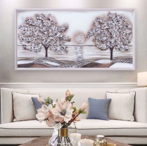 Quadro per soggiorno moderno dipinto alberi liberi cornice bianca 137x70