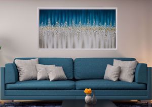 Quadro astratto moderno per soggiorno aurora azzurra 137x70 cornice bianca