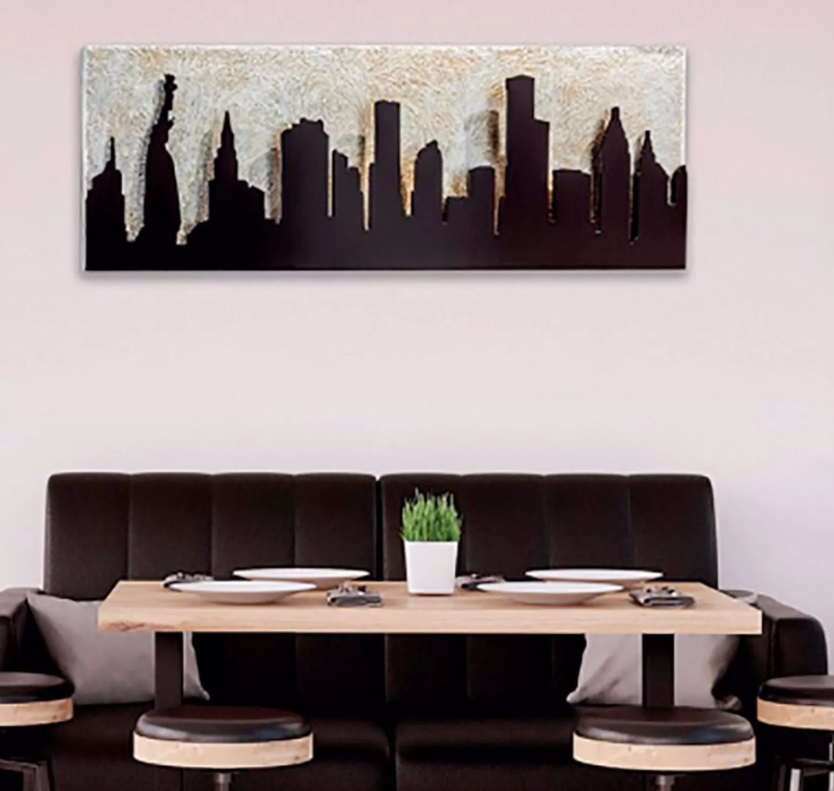 Quadro per soggiorno 150x50 skyline new york metallo marrone argento  anticato - 3792