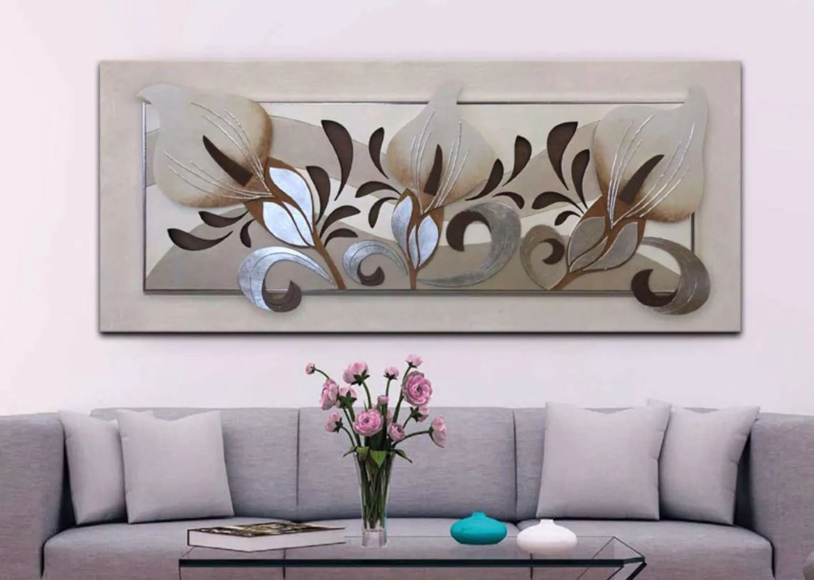 Quadro decorativo per soggiorno moderno calle in fiore tortora 155x65 - 6655