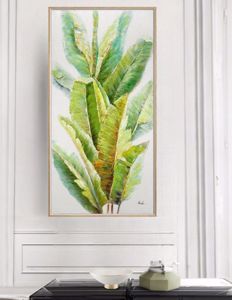 Quadro verticale cornice dipinto su tela 70x140 pianta verde per ingresso