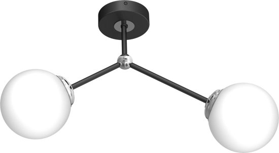 Plafoniera moderna per interni due luci nero cromo bocce vetro bianco