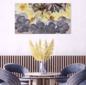 Quadro moderno su tela 140x70 fiori argento giallo per soggiorno