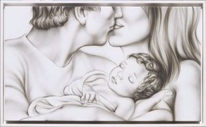 Capezzale bacio di amore sacra famiglia dipinta a mano moderna 114x70 cornice bianca