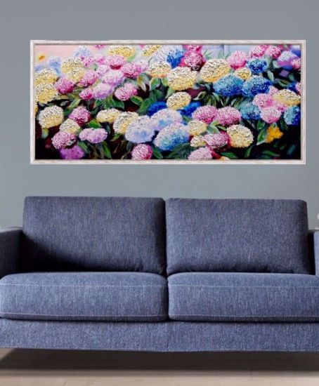Quadro fiori colorati dipinto per soggiorno 155x70 cornice legno decapata