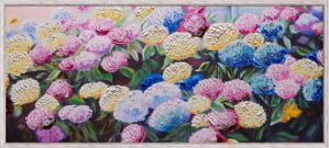 Quadro fiori colorati dipinto per soggiorno 155x70 cornice legno decapata