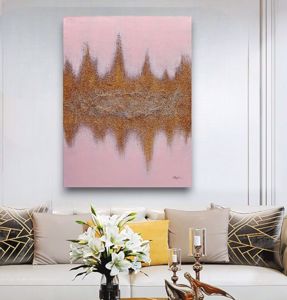 Quadro astratto 90x120 per soggiorno rosa oro moderno verticale