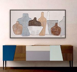 Quadro vasi astratti 60x120 per soggiorno moderno cornice legno