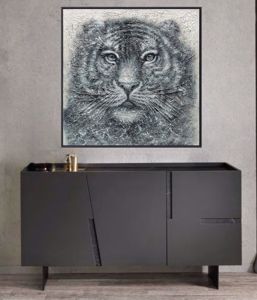 Quadro dipinto su tela con cornice tigre bianca e nero 120x120 decorato