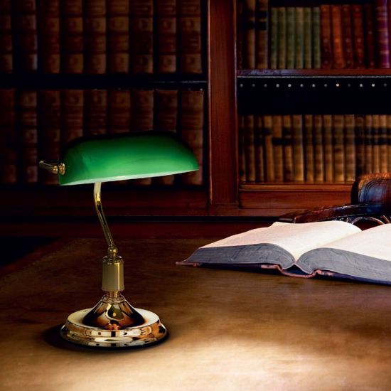 Lawyer tl1 lampada ministeriale churchill da scrivania vetro verde ottone scuro ideal lux