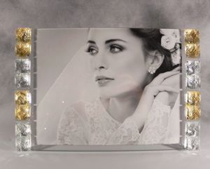 Cornice portafoto da tavolo in vetro cristalli mosaico oro argento foto 23x18 cm