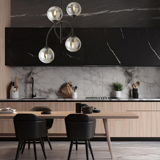 Plafoniera moderna nera design archi incrociati sfere vetro fume&apos; per cucina