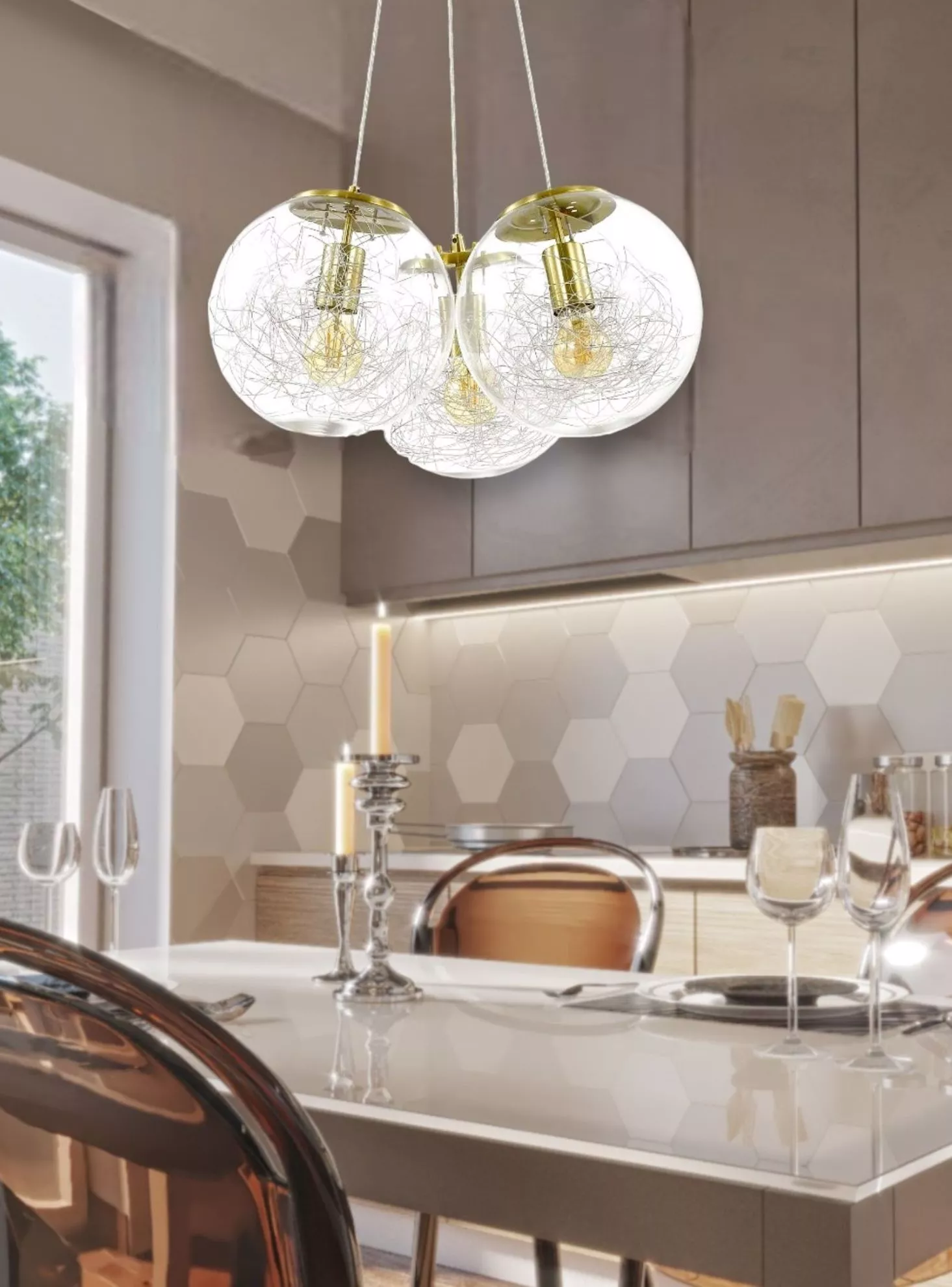 Ideal lux mapa sat lampadario da cucina tre sfere vetro trasparente fili  oro ottone - 175973