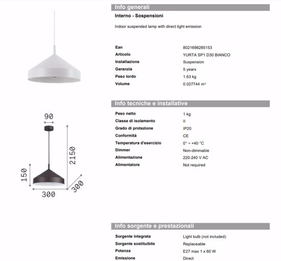 Ideal lux yurta lampadario bianco pendente per cucina design cono 30 cm