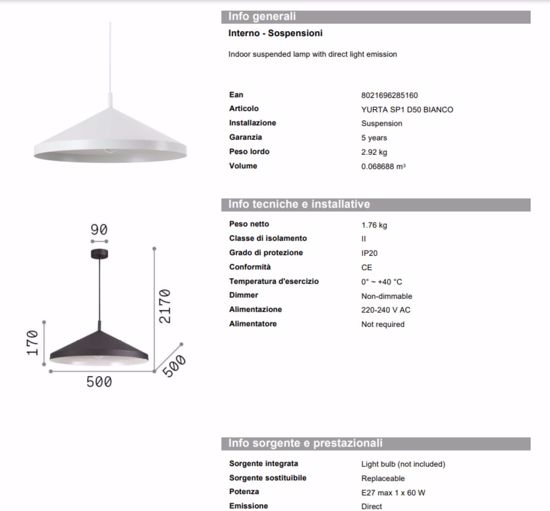 Ideal lux yurta sp1 grande lampadario pendente da cucina cono bianco