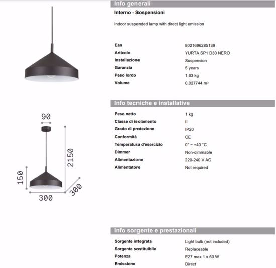 Ideal lux yurta lampadario nero design cono 30 cm per isola cucina moderna