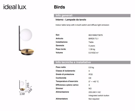 Ideal lux lampada da tavolo birds tl1 oro vetro bianco