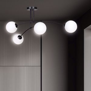 Mazzola luce plafoniera moderna nera sfere vetro bianco 4 luci per interni